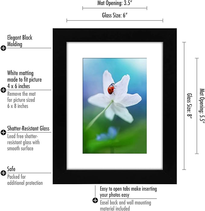 Americanflat 6x8 Picture Frame in Black Set of 2 - Displays 4x6 With Mat and 6x8 Without Mat - Composite Wood with Shatter Resistant Glass - Horizontal and Vertical Formats for Wall and Tabletop