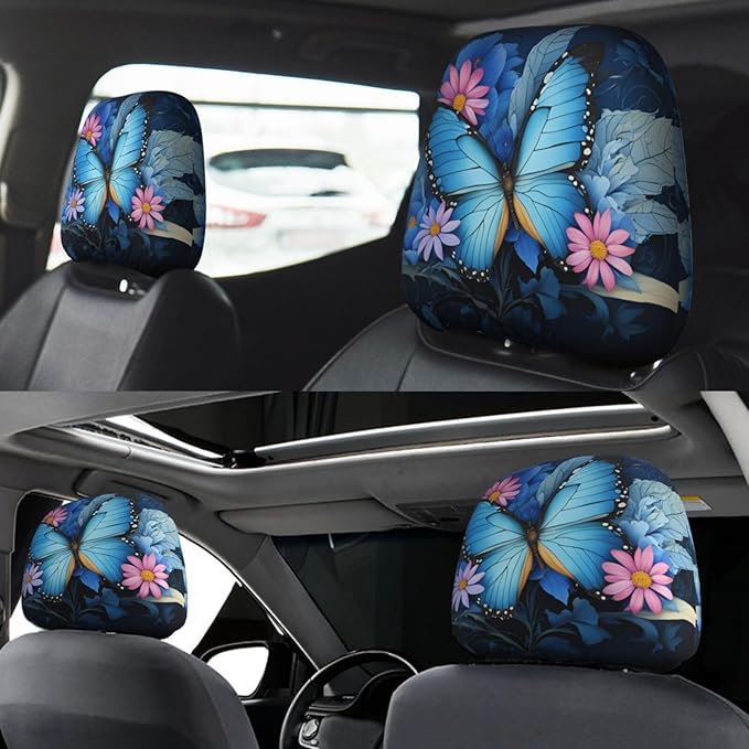 Dujiea 2 Pack Butterfly Flower Car Headrest Covers, Universal Soft Car Seat Head Rest Protector, Vehicle Accessories Fabric Headrest Cover for Cars Vans Trucks