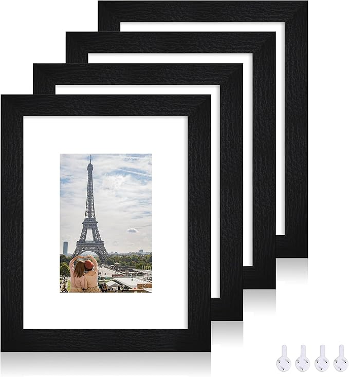8x10 Picture Frame Set of 4, Made of Real Glass and Rustic Black Wooden Frame, 8 by 10 Photo for Wall or Tabletop - Display Picture 5x7 with Mat or 8x10 Without Mat