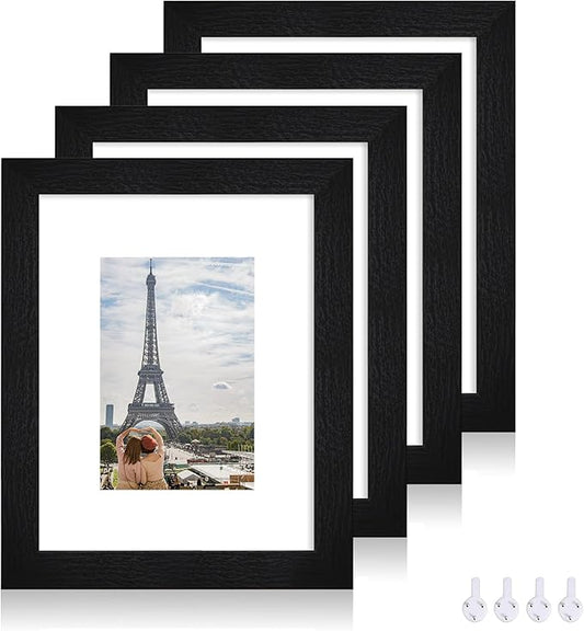 8x10 Picture Frame Set of 4, Made of Real Glass and Rustic Black Wooden Frame, 8 by 10 Photo for Wall or Tabletop - Display Picture 5x7 with Mat or 8x10 Without Mat