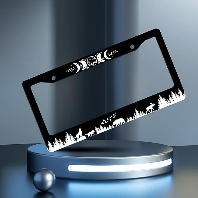2 Pcs Moon Phases License Plate Frame Wolf Bear Deer License Plate Holder Personalise Stainless Steel Funny Design Compatible with Standard License Plate Frames for USA Canada 6 X 12 in 2 Holes