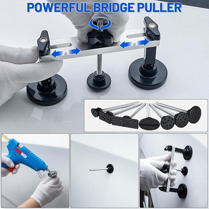 52Pcs Car Dent Puller Kit, Paintless Dent Removal Kit with Adjustable Bridge Puller & Golden Lifter, Dent Repair Kit for Car Hail Damage Large & Small Dent, Refrigerator Door Dent DIY Removal
