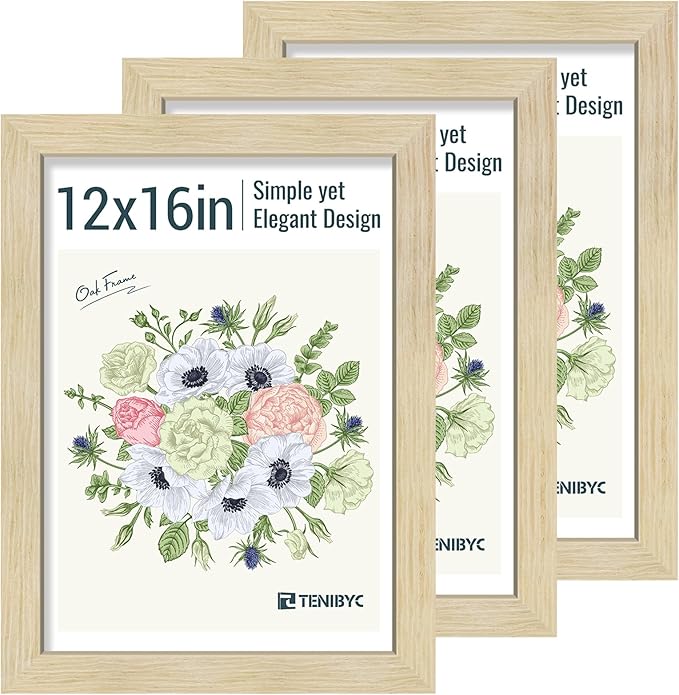 12x16 Picture Frames Set - 3 Pack - Natural Oak Wood - Tempered Glass - for Wall Photos, Family Memories, Posters & Puzzles, Home Decor