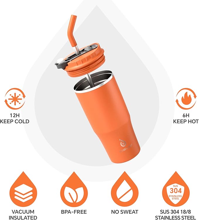 Ideus Insulated Tumbler with Lid and Straw 24 oz, Stainless Steel Double-Wall Vacuum Leak-Proof Travel Coffee Mug, Cup Holder Friendly, Orange Tiger