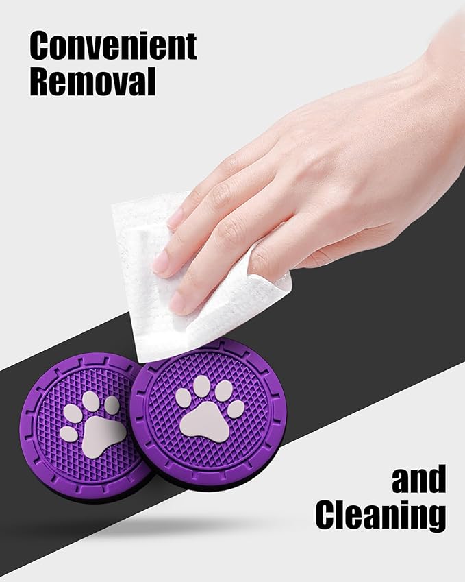 4 Pack Car Cup Coasters, Universal Dog Paw Print Non-Slip Silicone Cup Holder Inserts, Car Interior Accessories, Purple