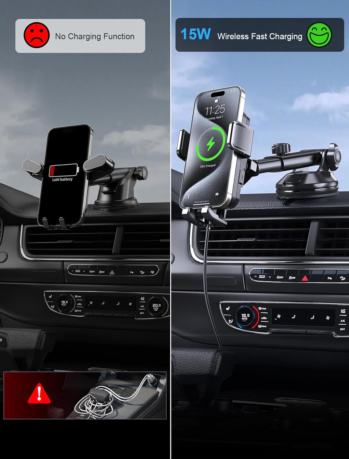 Wireless Car Charger, MOKPR 15W Fast Charging Auto Clamping Dashboard Windshield Air Vent Car Phone Holder with LED Light Car Charger for iPhone 16 15/14/13/12 Pro Max Plus, Samsung S23/S22/S21,etc