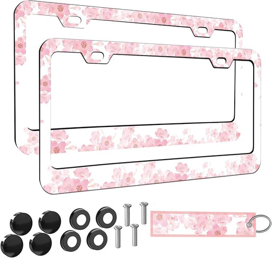 2pcs Pink Cherry Blossom Floral License Plate Frame for Women,Pink Sakura car Decorative tag Frames Girly,Japanese Cherry Blossom License Plate Cover Holder for Vehicle with car Keychain tag