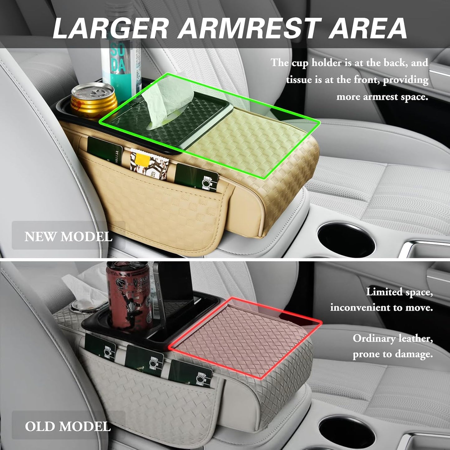 Car Center Console Cover, Armrest Cover for Storing Water Cups, Tissues, Cards, and Phones, 4-in-1 Center Cover with Soft Leather and High Resilience Memory Foam (Light Beige)