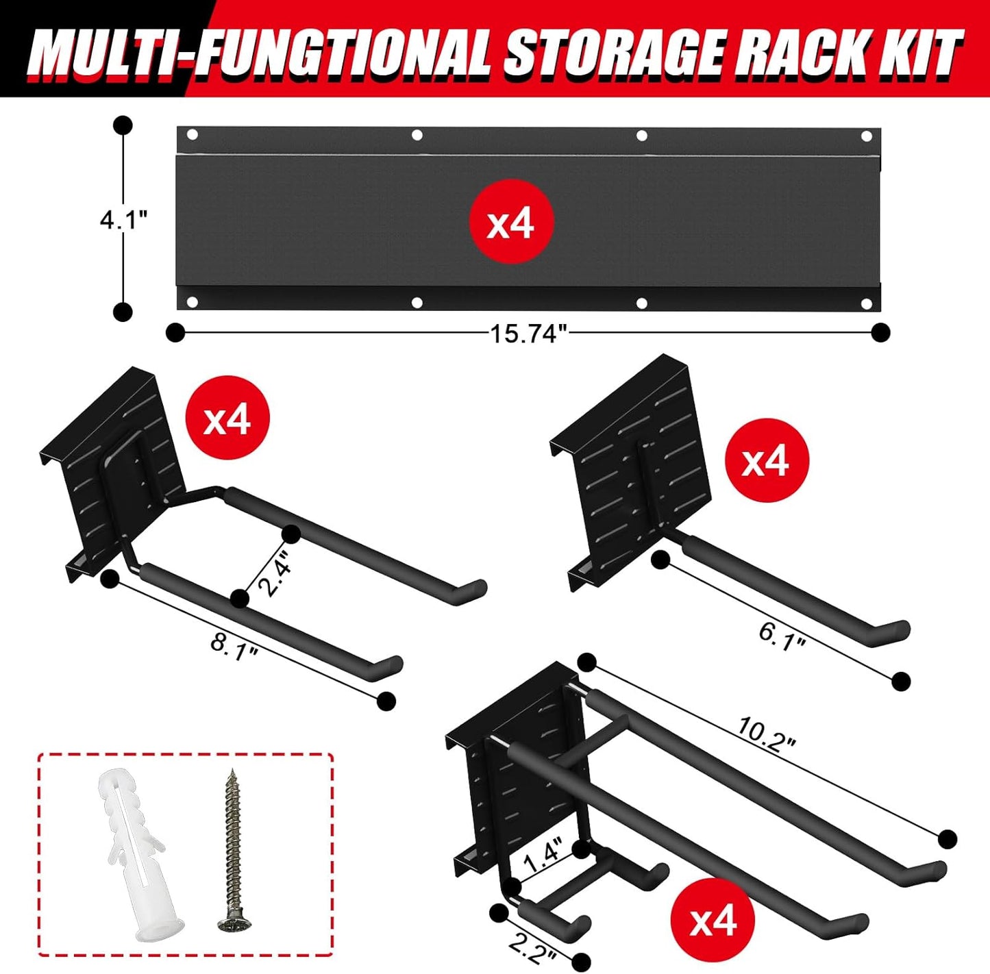 64 Inches Garage Organization, Wall Mount Garden Tool Organizer, 880lbs Adjustable Heavy Duty Metal Hanging Hooks, Garden Tool Storage Rack for Garage, Yard, and Shed (4 Racks, 12 Hooks)