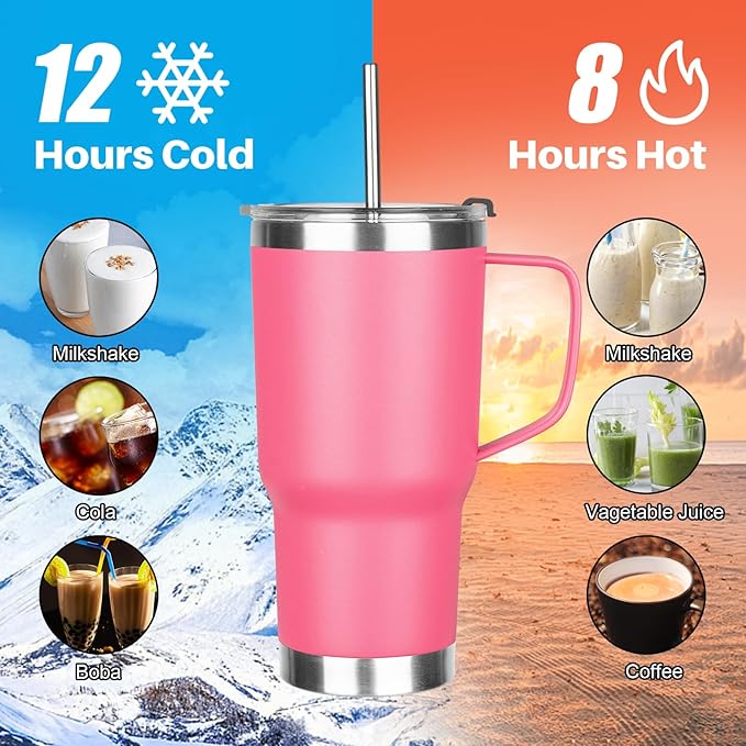 20 oz Tumbler with Handle, Stainless Steel Insulated Tumbler with Lid and Straw, Double Wall Vacuum Insulated Coffee Mug, Insulated Coffee Thermal Cup for Cold and Hot (Rose Red)