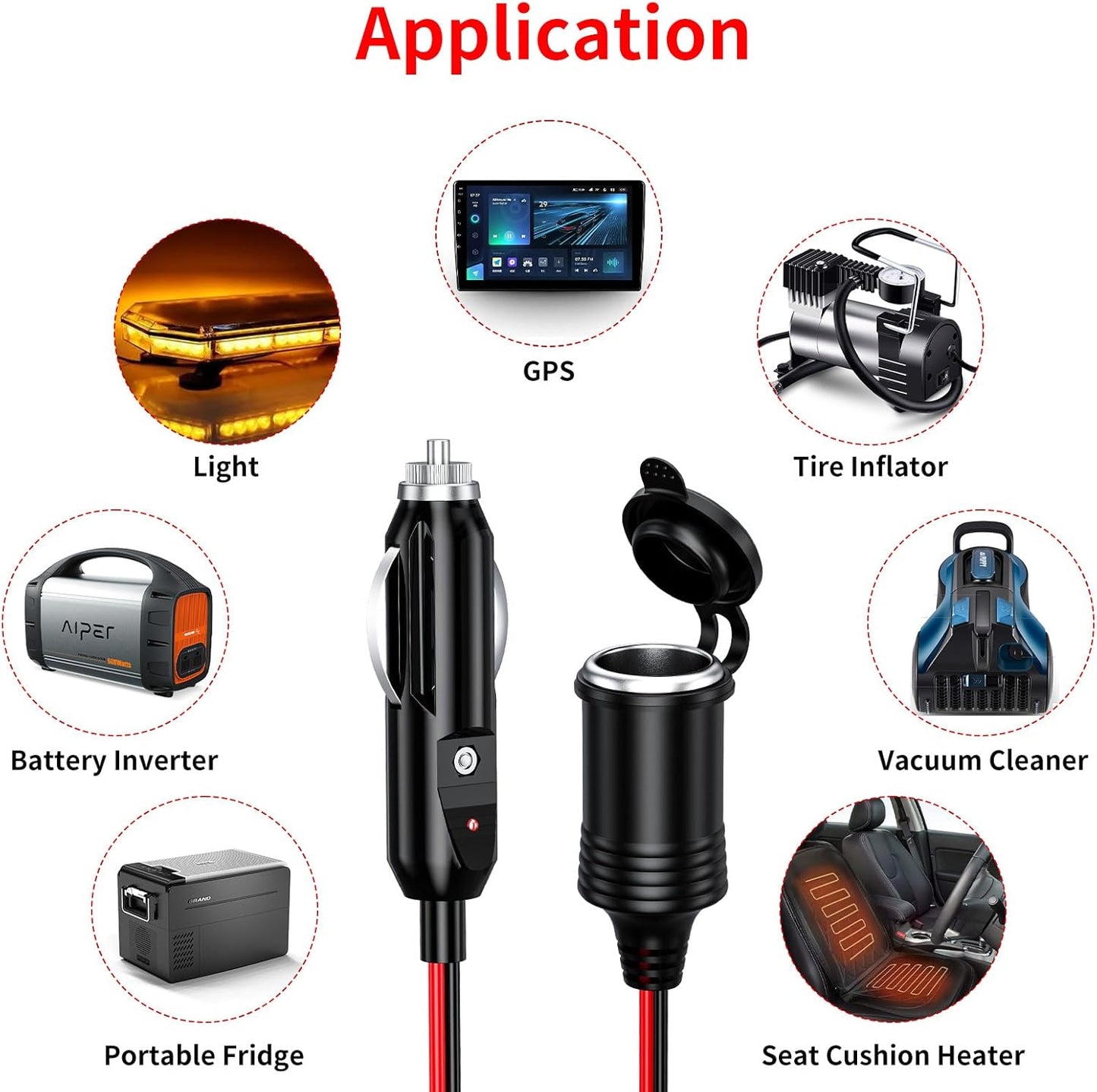 KEWIG 12/24V Car Cigarette Lighter Extension Cord - 13FT Cigarette Lighter Plug Cable- 16AWG Heavy Duty Extension Cable with 15A Fuse and LED Indicator