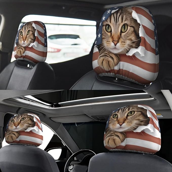 Dujiea 2 Pack American Flag Cat Car Headrest Covers, Universal Soft Car Seat Head Rest Cover Protector, Vehicle Accessories Fabric Headrest Cover for Cars Vans Trucks