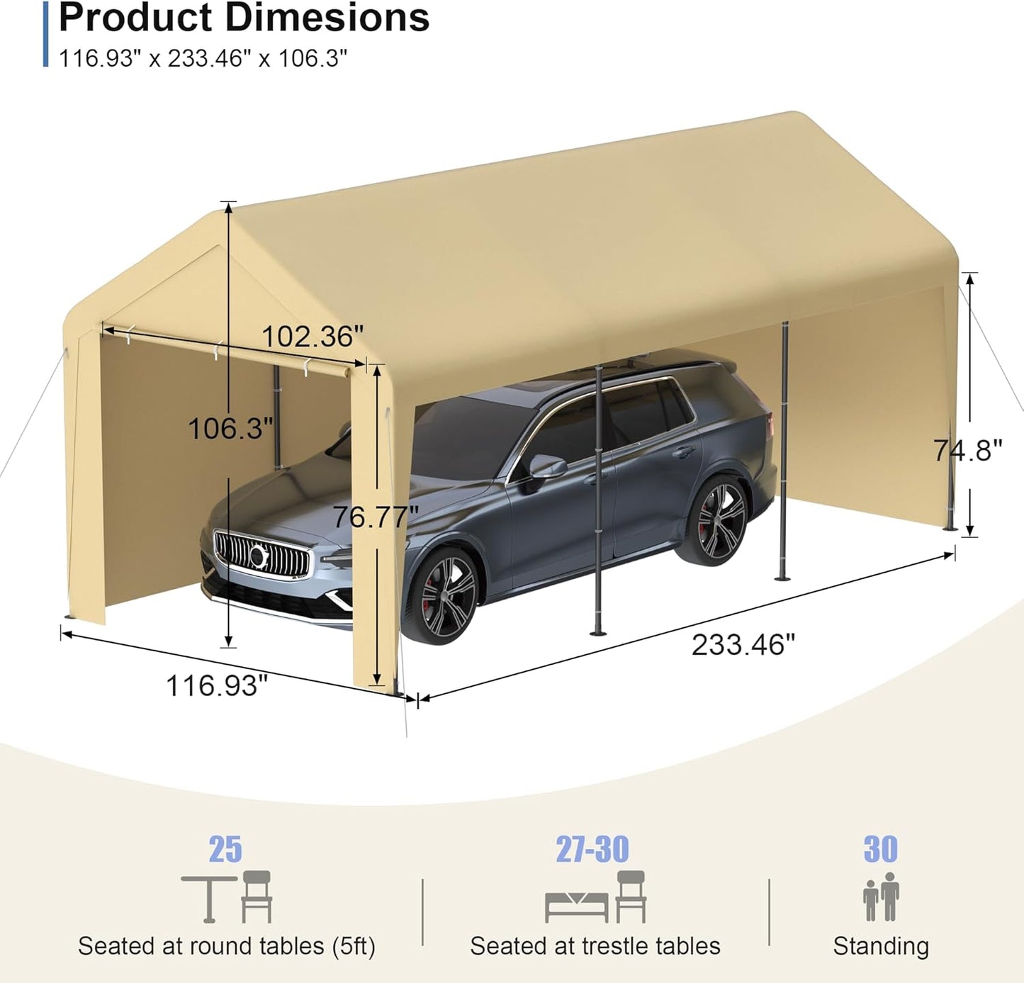 Carport 10x20 Heavy Duty Portable Garage w/Removable Sidewalls & Roll-Up Door Car Canopy Party Tents Waterproof UV Resistant All Weather Car Port for Trucks,Boats (Yellow)