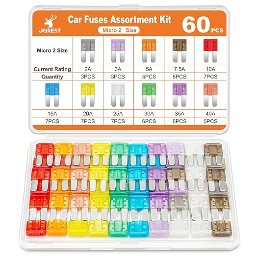 JOREST 60Pcs Micro Assorement Fuses Kit -Micro2 Fuse kit, Micro 2 Automotive Replacement Fuses for Car RV Truck Motorcycle(2Amp 3A 5A 7.5A 10A 15A 20A 25A 30A 35A 40A)