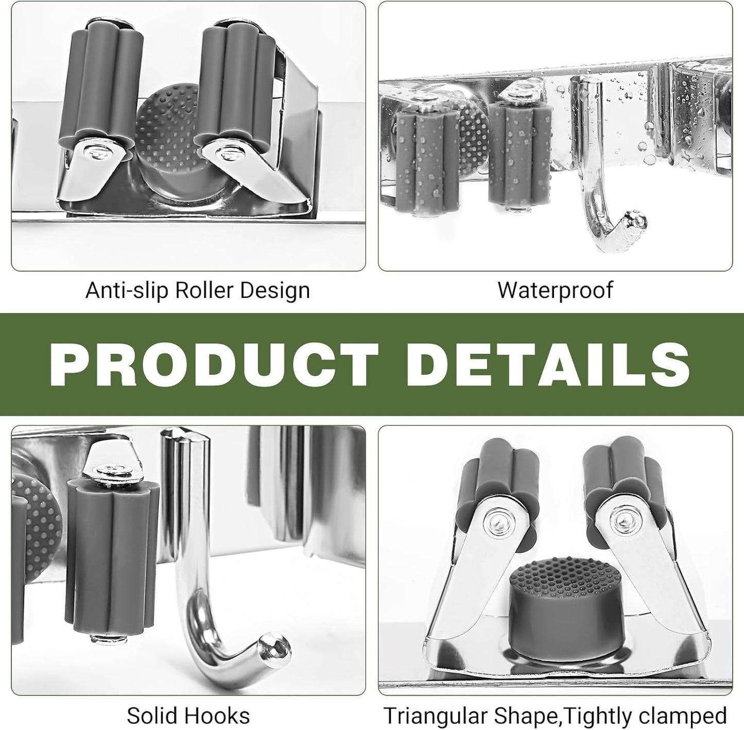 Broom Holder Wall Mount, Broom Organizer Wall Mount Stainless Steel Broom and Mop Hanger Heavy Duty Storage Organization for Home Kitchen Garden Garage Room 5 Racks 4 Hooks (1Pack)(Black Racks)