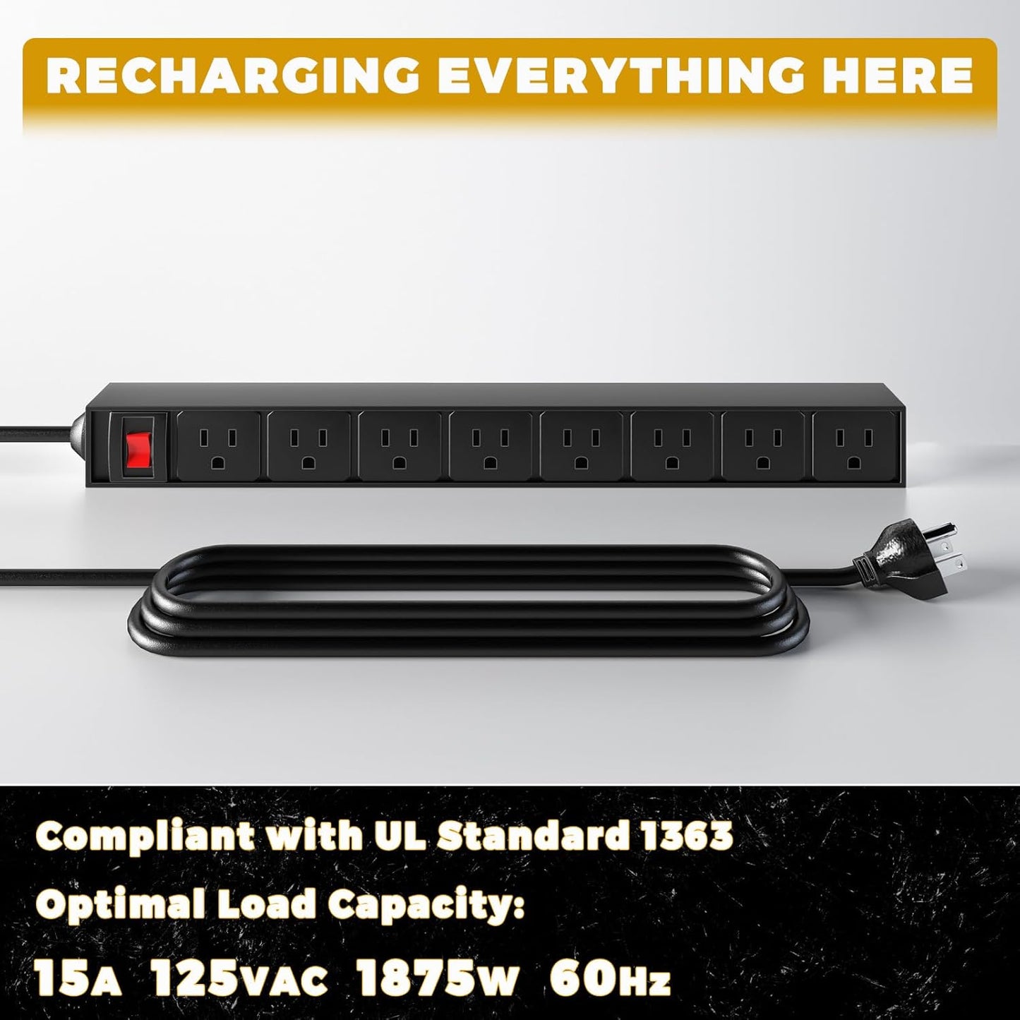 KAFAHOM Power Tool Organizer with Charging Station, Built in 8 Outlet Power Strip,Large 8 Drill Holder Wall Mount, Heavy Duty Metal Power Tool Storage Rack Tool Shelf for Garage Organization Yellow