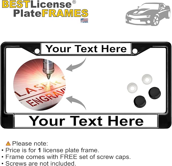 Custom Personalized Black Powder-Coated Metal Laser Engraved Standard Size - Car/Automobile License Plate Frame with Free caps - White/Black Text (Qty: 1 Frame)