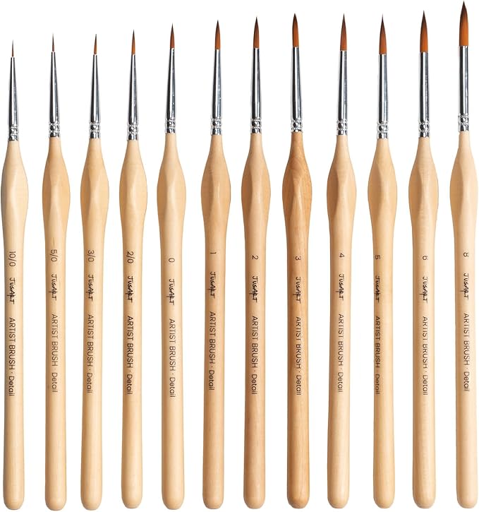 JUSART Detail Paint Brushes Set, 12 PCS Fine Tip Model Miniature Paint Brushes for Fine Detailing - Acrylic, Watercolor, Oil, Models, Rock Painting & Paint by Number - Triangular Handles (Wood)