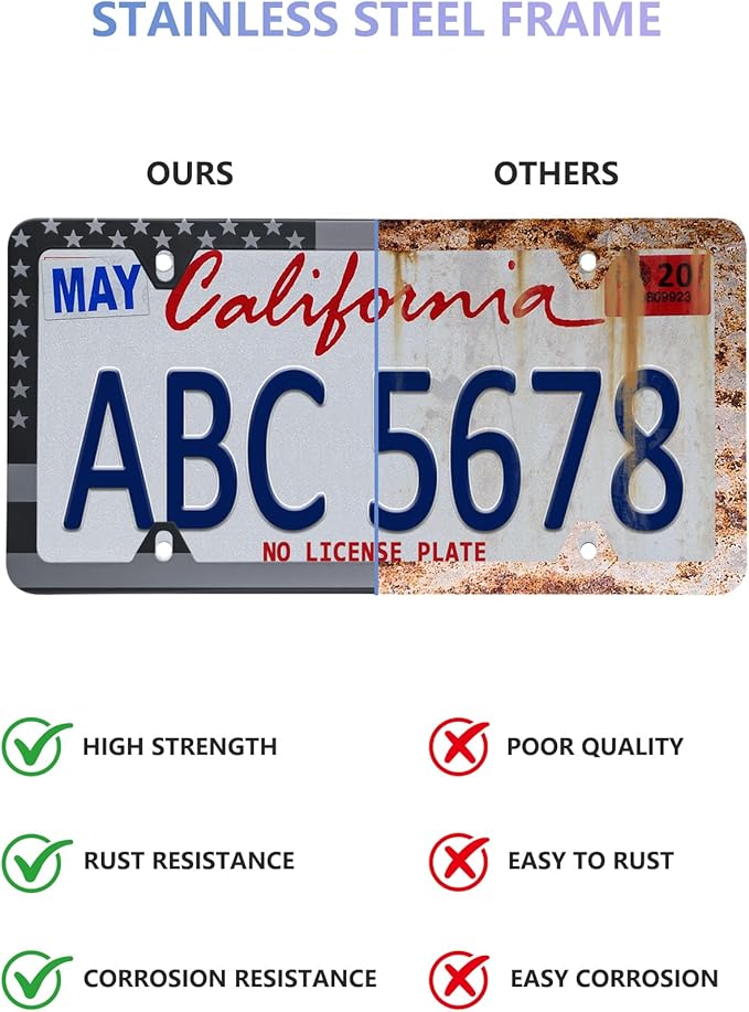 BGGTMO American Flag License Plate Frames- Black Stainless Steel Car Tag Holder Printed with USA Flag Pattern, 4 Hole 2 Pack with Screws Caps Decals for Front Rear