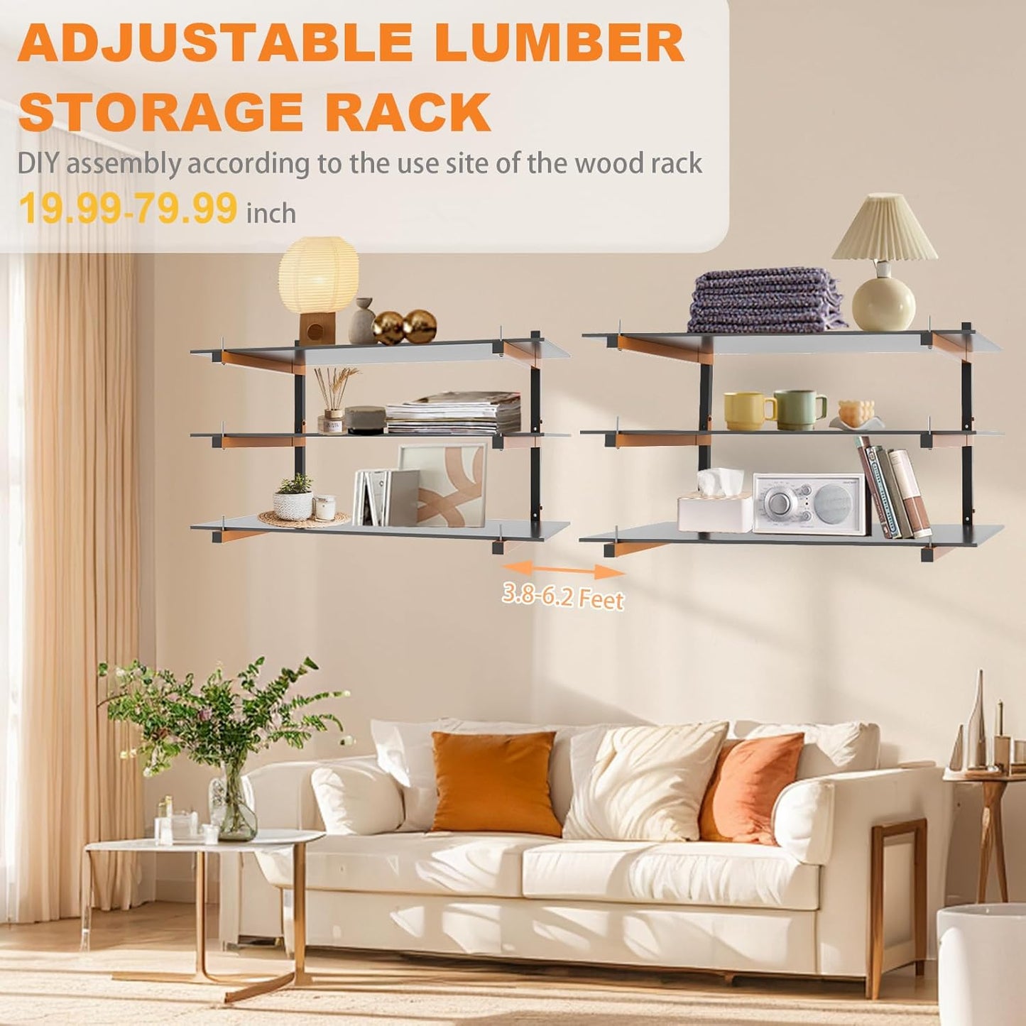 Lumber Rack Wall Mount, Heavy Duty Wood Storage Racks, 3-Level System Garage Shelving, 380 Lbs Capacity Organizer Shelves, Folding Orange Brackets, 2 Pack Hanging Metal Shelf for Indoor and Outdoor