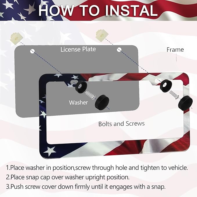 Patriotic American Flag License Plate Frame Holder - 2 Pack Universal Quality Metal Aluminum Matte Stripe US Flag Gloss Car Plate Frame Covers with 2 Holes and Free Screws Fasteners Caps