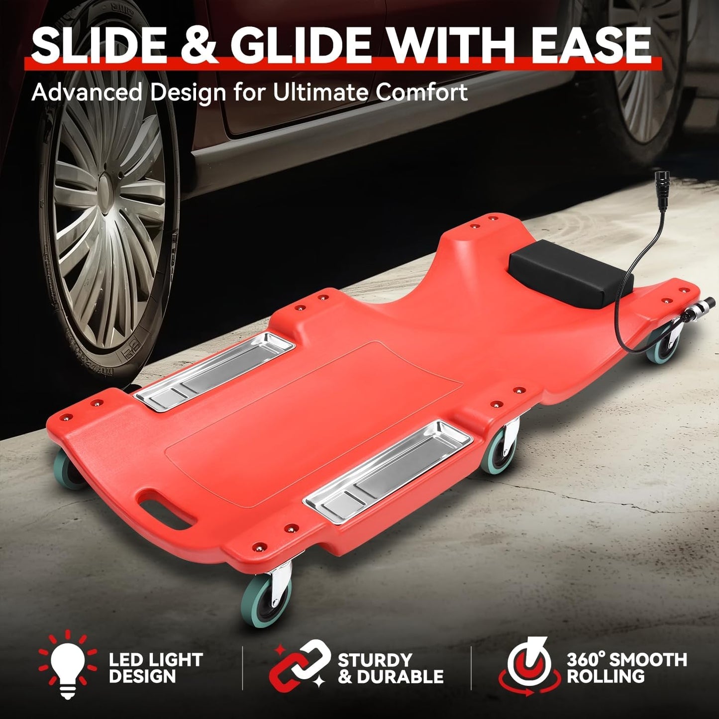 Auto Dynasty 40 Inches Mechanic Creeper, Automotive Garage Repair Low Profile Under Car Rolling Creeper with LED Light and Padded Headrest, Plastic, Red