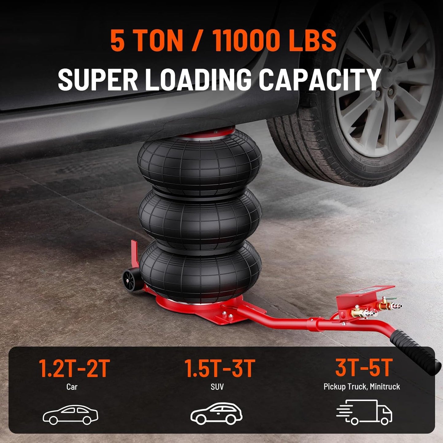 Air Jack, 5 Ton/11000 lbs Triple Bag Car Jack, Airbag Jack with Six Steel Pipes, Lift up to 17.7 inch, 3-5 s Fast Lifting Pneumatic Jack with Long Handle for Cars, Garages, Repair(Red)