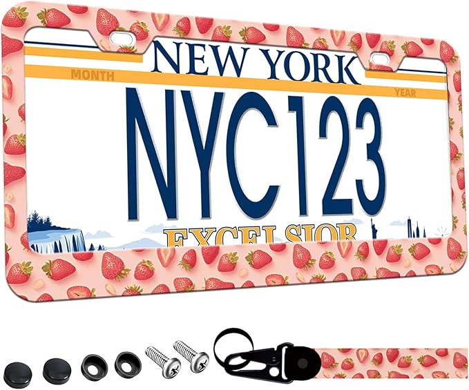 1-Pack Pink Strawberry License Plate Frames for Women Man, 2 Holes Cute Strawberries Aluminum License Plate Holder,Fruit License Plate Cover fits Vehicles 12.3" x 6.3" with Keychain Wrist Lanyard