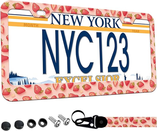1-Pack Pink Strawberry License Plate Frames for Women Man, 2 Holes Cute Strawberries Aluminum License Plate Holder,Fruit License Plate Cover fits Vehicles 12.3" x 6.3" with Keychain Wrist Lanyard