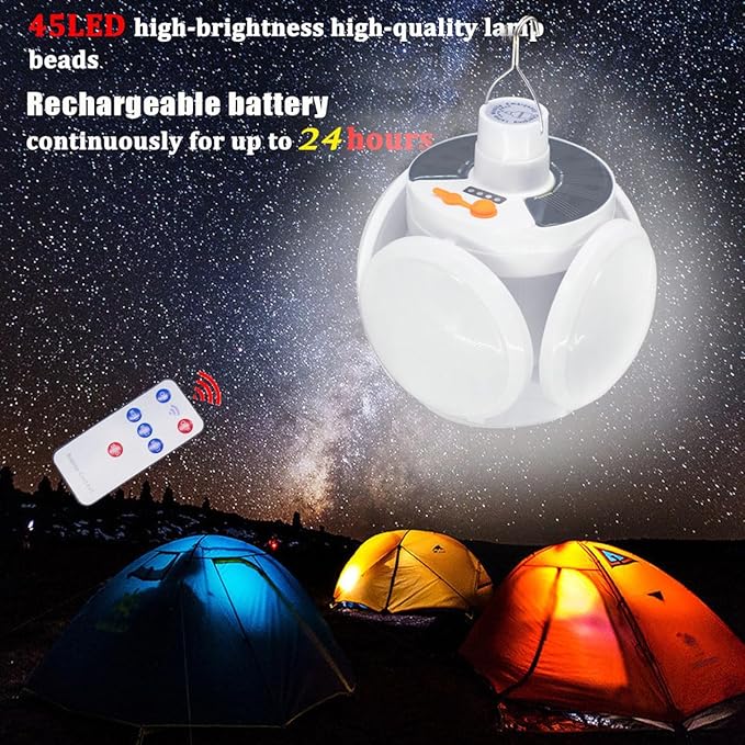 Folding Solar Camping Tent Light Outdoor Waterproof Portable Hanging Lantern Remote Control USB 4000mah Battery Rechargeable Foldable for Home Indoor Emergency Power Outage 2 Pack