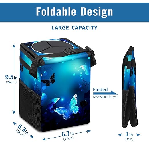 Blue Butterfly Glowing Car Trash Can with Lid, Collapsible Reusable Waterproof Garbage Can, Car Accessories Interior Organizer