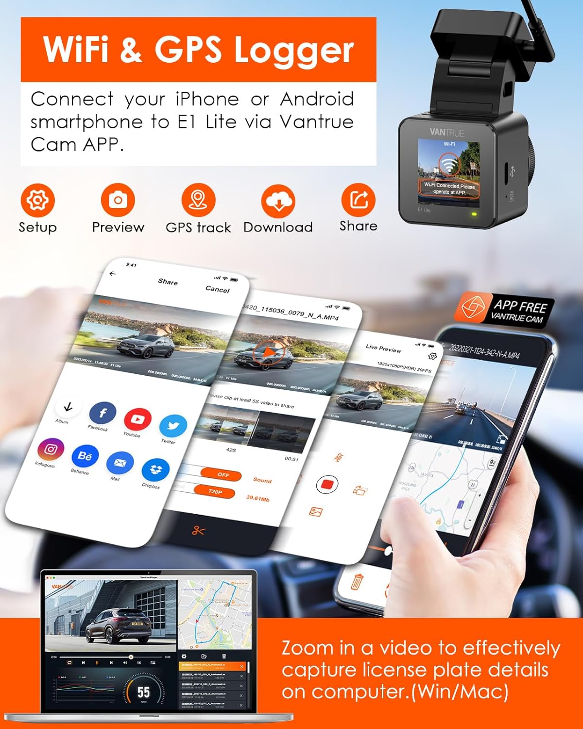 Vantrue E1 Lite 1080P WiFi Mini Dash Cam with GPS and Speed, Free App, Voice Control Detachable Dash Camera, 24 Hours Parking Mode, Night Vision, Motion Detection, Loop Recording, Support 512GB Max
