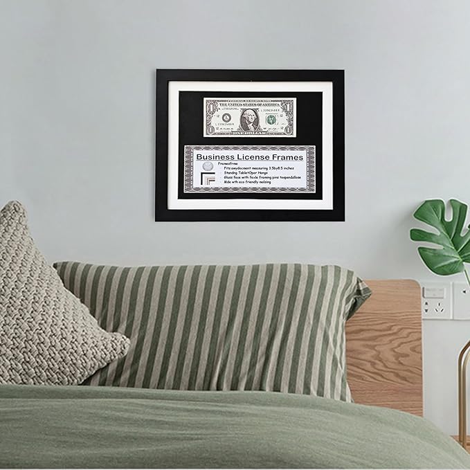 8.5x11 Business License Frame, Black Wood Grain Finish, UV Resistant, Holds 1st Dollar & 3x8.5 License, Includes Easel & Wall Hanger