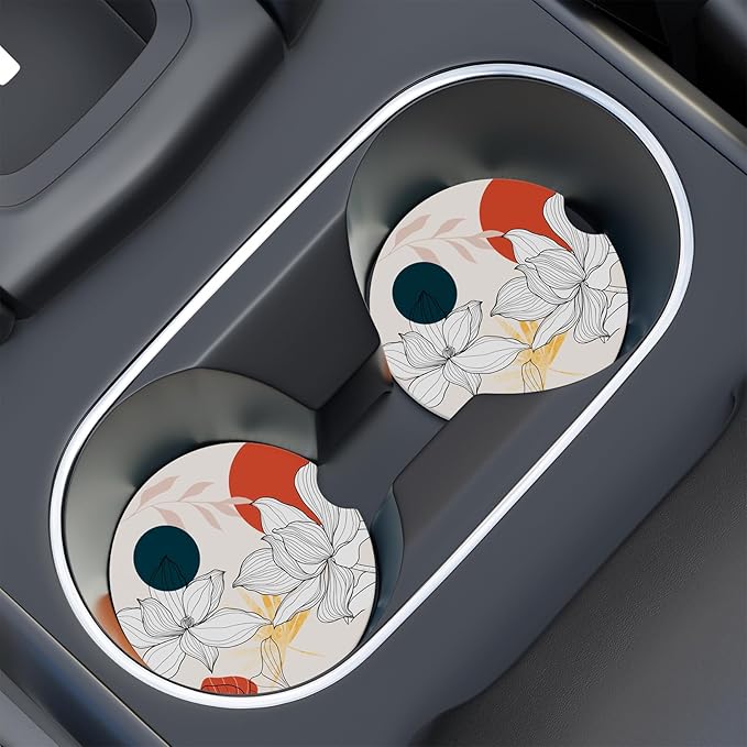 Car Cup Holder Coaster, Car Coasters for Cup Holders, 2 Pack Universal Anti Slip Insert Absorbent Ceramic Auto Interior Accessories with A Finger Notch & Cork Base, Lotus