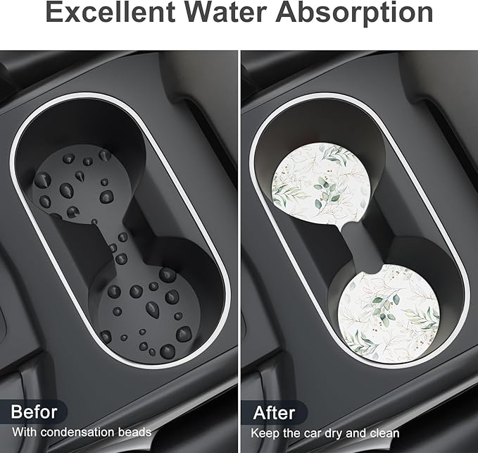 Car Cup Holder Coaster, Car Coasters for Cup Holders, 4 Pack Universal Anti Slip Insert Absorbent Ceramic Auto Interior Accessories with A Finger Notch & Cork Base, Leaves