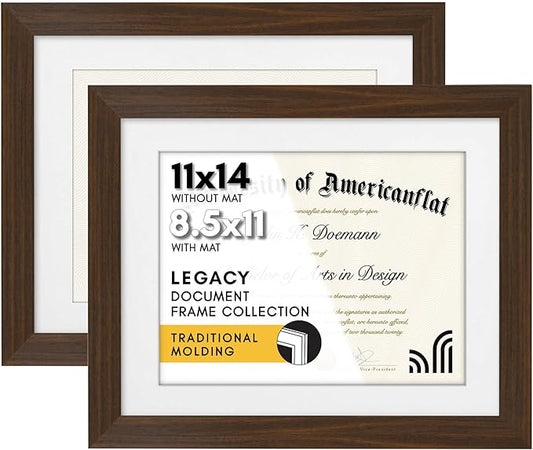 Americanflat 11x14 Walnut Diploma Frame - Displays 8.5x11 Diplomas with Mat or 11x14 Inch Without Mat - Shatter-Resistant Glass. Hanging Hardware Included! (2 Pack)