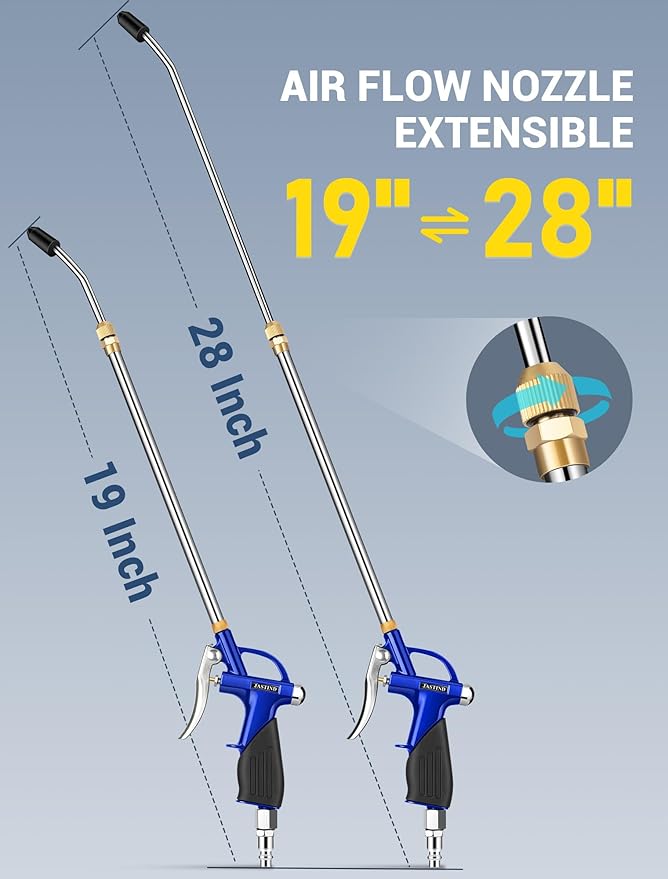 JASTIND Long Air Wand Blow Gun with 19-28 Inch Extension Nozzle, High Pressure Air Blower Gun with Rubber Grip & Quick Plug, Heavy Duty Industrial Air Blow Gun for Air Compressor Attachments