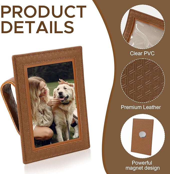 KINIVA 2 Pack Car Picture Holder - Magnetic Faux Leather Picture Frame for Safe Driving - Gift for Dad Mom Husband Wife Car Visor Accessories, Car Accessory (Fits 2.5"x3.5" Photos) (Brown)