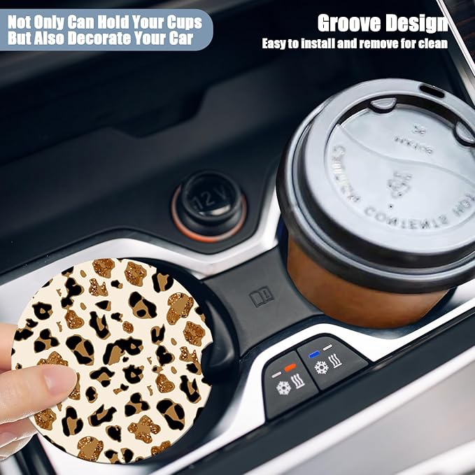 Car Cup Holder Coaster - Leopard Print Absorbent Ceramic Coaster, Car Coasters for Cup Holders, Auto Accessories for Women & Men, Pack of 2