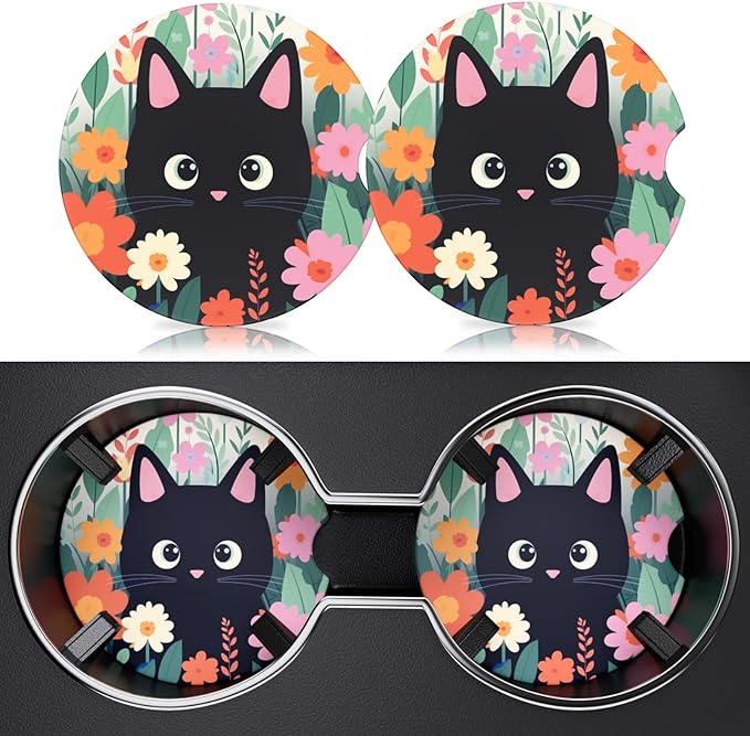 2 Pack Car Cup Holder Coaster, 2.63 inch Anti Slip Insert Absorbent Ceramic Car Coaster with Cork Base and Finger Notch, Cute Car Accessories Interior for Women, Cute Car Coasters., CH0025