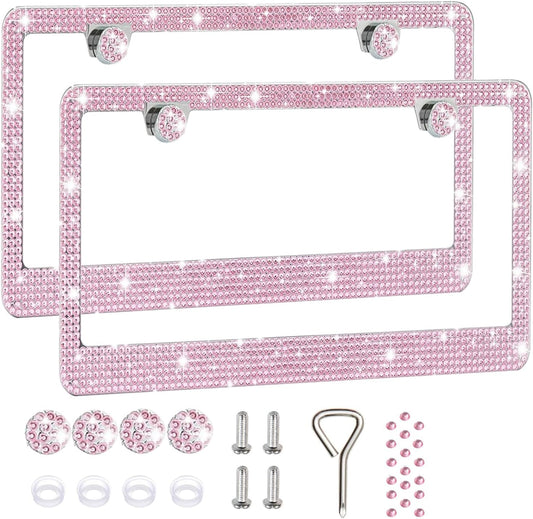 2 Pack License Plate Frames for Women, Sparkly Rhinestone Diamond Car Accessories with Glitter Crystal Caps (Pink (2PCS))