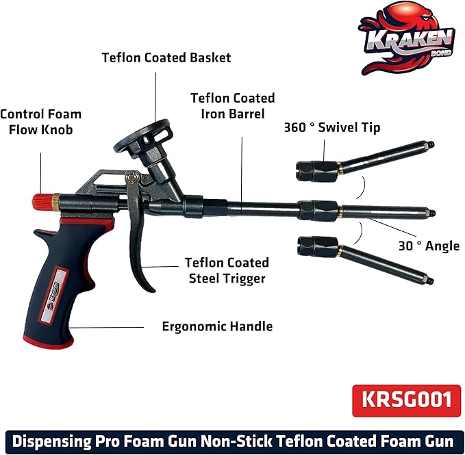 Kraken Bond PRO Insulation Foam Gun - 1 Pack - Non-Stick Teflon Coated, 360° Swivel Tip - High Precision for Insulation and Sealing - Ideal for Contractors and DIY Enthusiasts
