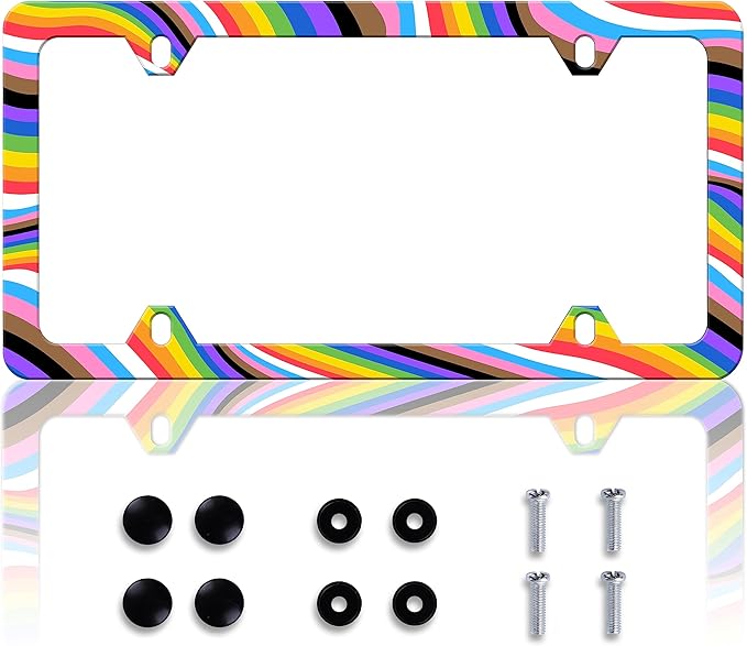 Gay License Plate Frame Rainbow LGBT License Plate Frames Personalise Stainless Steel Funny Design Compatible with Standard License Plate Holder for USA and Canada 6 X 12 with Screws