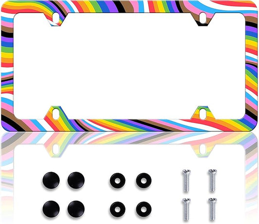 Gay License Plate Frame Rainbow LGBT License Plate Frames Personalise Stainless Steel Funny Design Compatible with Standard License Plate Holder for USA and Canada 6 X 12 with Screws