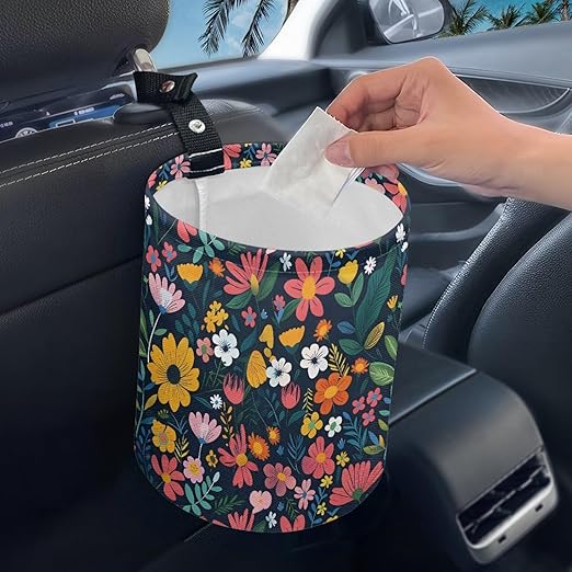 Colorful Flowers Car Garbage Trash Can Collapsible Trash Rubbish Bin Basket Bag Portable Cup Holder Organizer with Strap Universal Storage Bag Box for Front Seat, Back Seat, Floor, Headrest