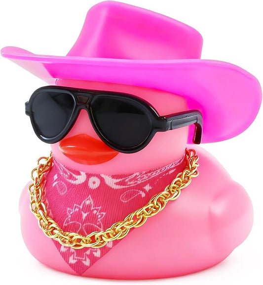 BOZILY Pink Cowboy Rubber Duck with Sunglasses, Gold Chain & Scarf - Funny Car Dashboard Decorations, Cute Duck Stress Relief for Car, Home, Office
