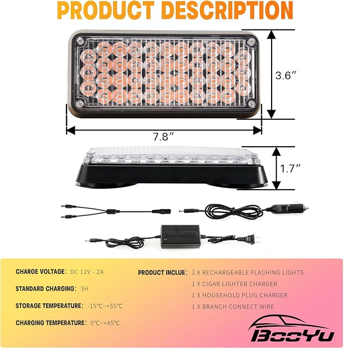 BooYu 2-Pcs Battery Operated LED Emergency Strobe Lights Bar w/Magnetic Base Rechargeable Portable Roadside Roof Top Mini Plow Flash Beacon Warning Light for Truck/Trailer/Vehicle (Amber)