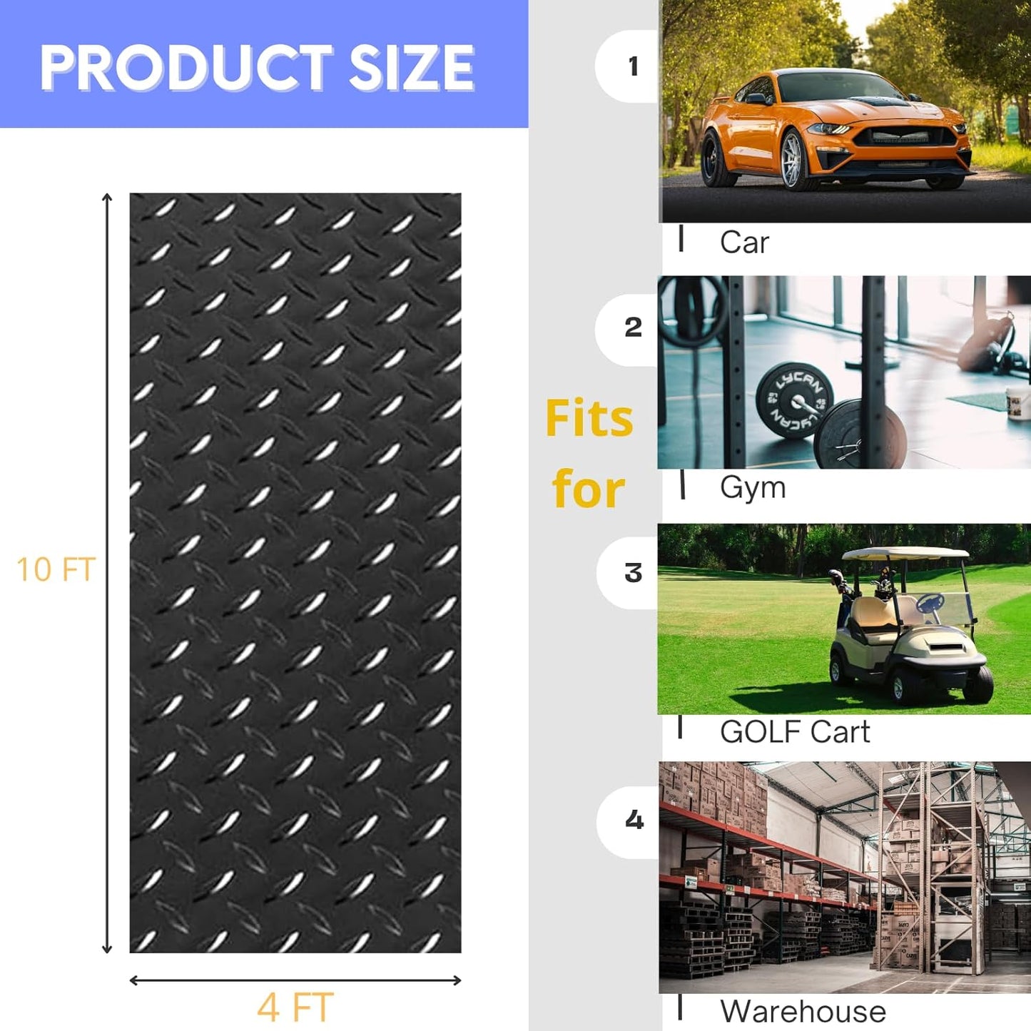 4X10 FT Garage Floor Mat， 2.5 Inch Thickened Diamond Plate Flooring Roll for Under Car， Non-Slip Commercial Grade Heavy Duty Parking Mat for Garage, Warehouse, Workshop, Basement, Gym（Black）