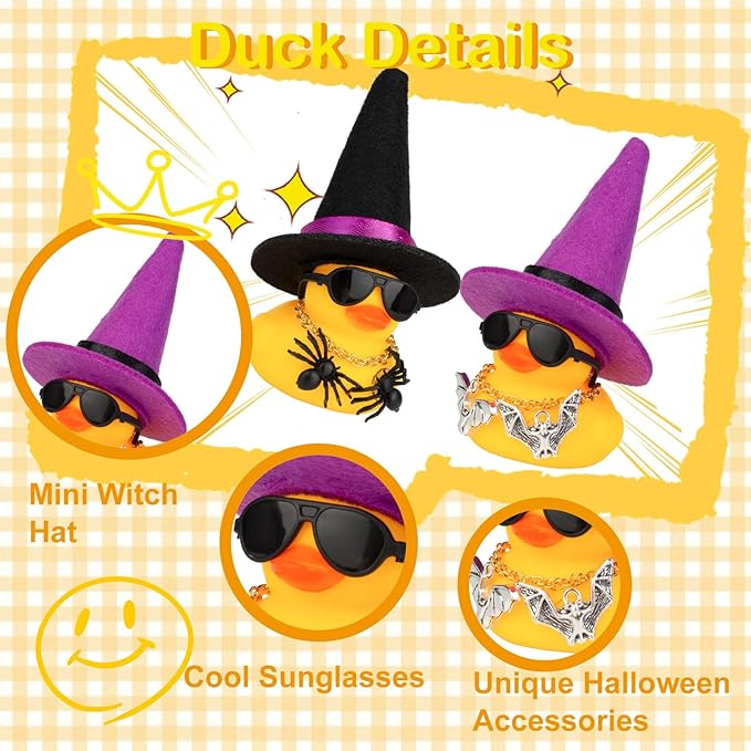 Car Rubber Duck Ornaments Halloween Duck Car Dashboard Decorations with Mini Witch Hat Sunglasses Necklace Halloween Accessories for Halloween Themed Gifts(W14)