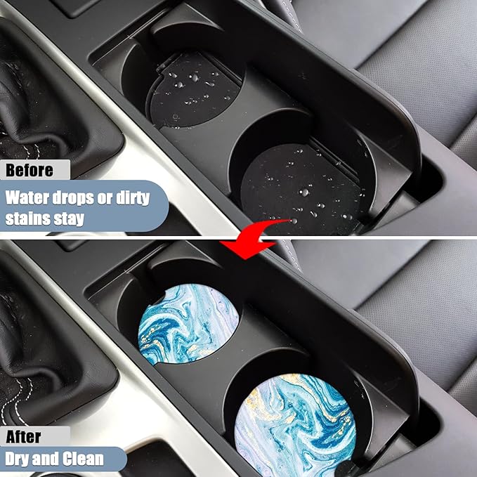 Car Cup Holder Coaster - Blue Absorbent Ceramic Coaster 2 Pack, Car Coasters for Cup Holders, Fashion Car Interior Accessories Drink Coaster for Women & Men